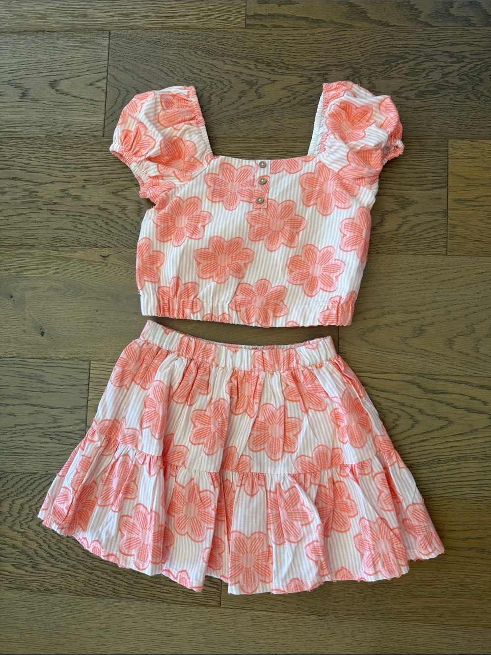 Girls Coral Floral Crop Top & Tiered Skirt Matching Set